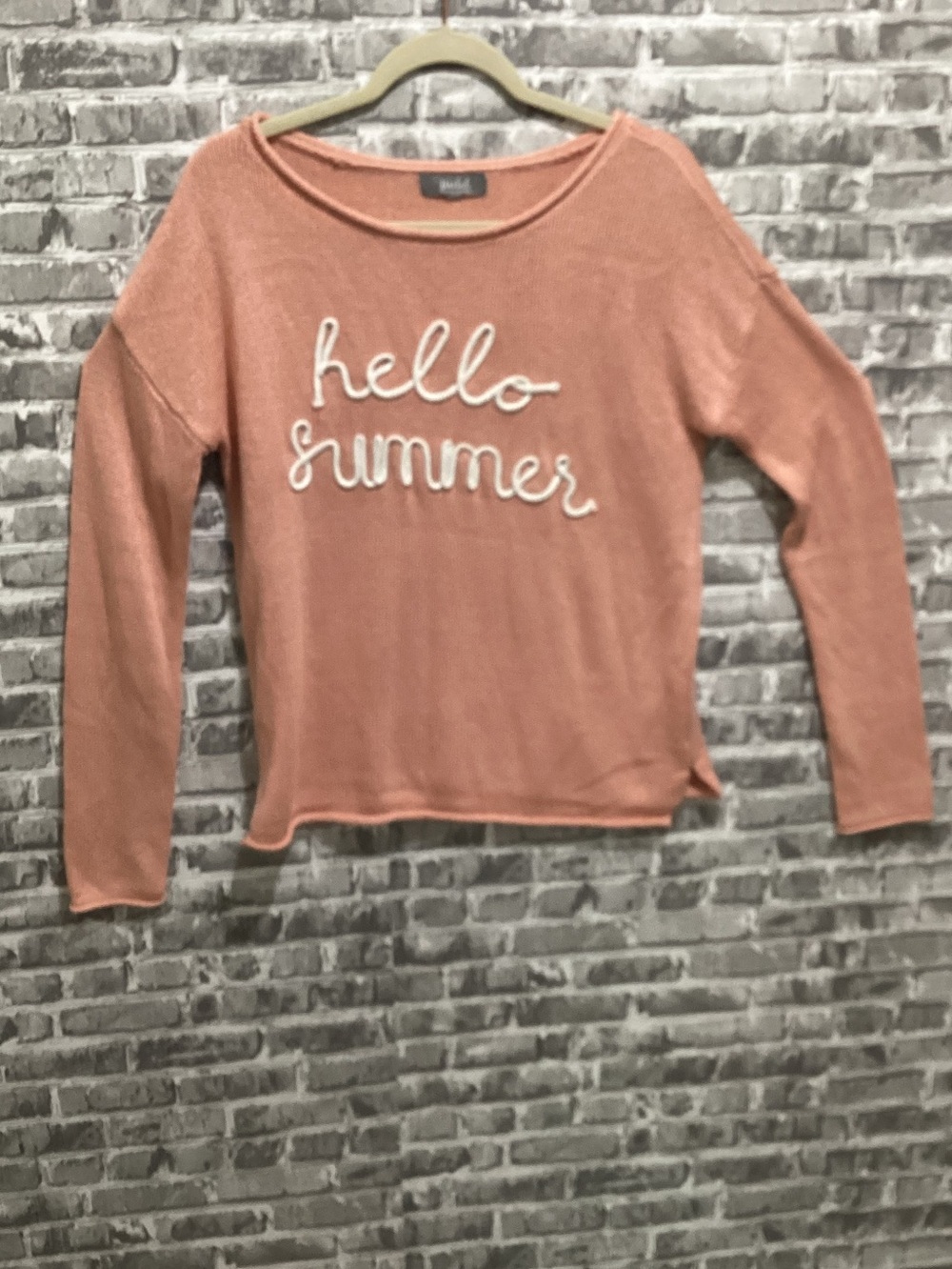 Marled Coral Peach Knit Summer Sweater Top with White Rope Script Sz M Coastal